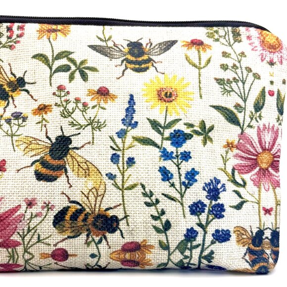 Summer Garden Bee Bees Flowers Wildflowers Zippered Pouch Cosmetic Travel Bag - Picture 4 of 5